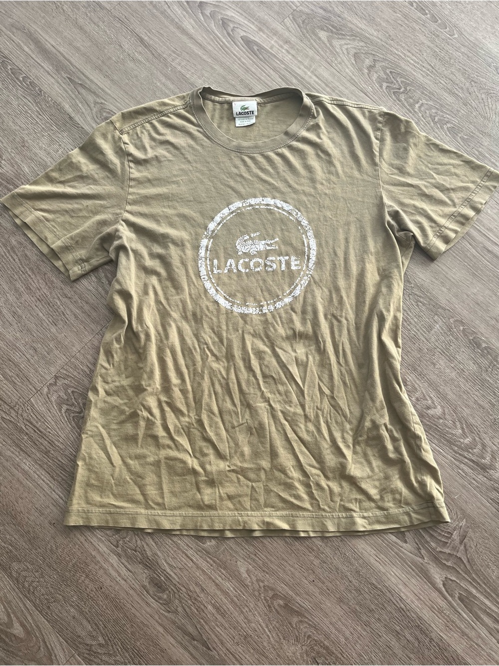 Lacoste Mens T Shirt Size 5 Beige Crew Neck Graphic Logo Cotton